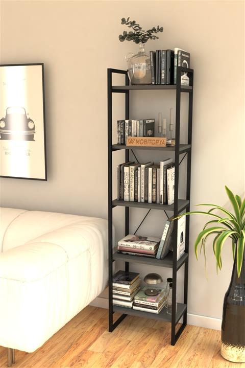 Mobitopya Nilamu Antrasit 45 Cm Kitaplık, Metal Aksamlı, Açık Raf, Organizer, Ofis, Ev, 5 Raflı Kitaplık