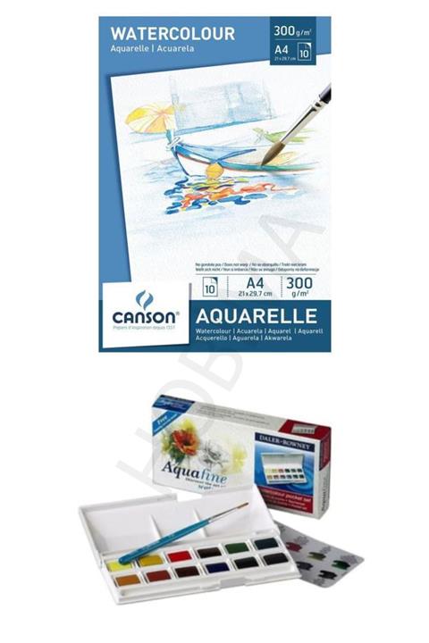 Canson A4 Suluboya Blogu 300gr 10yp+aquafine 12 Yarım Boy Plastik Kutu Cep Seti