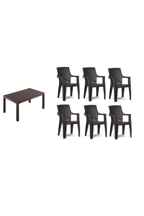 NetBazaars Plastik Masa Rattan 90x150 + 6 Adet Gold Sandalye Mobilya Acı Kahve Xömbx99