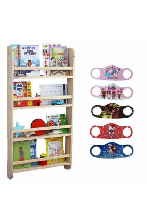 Mashotrend Ahşap Çocuk Odası Kitaplığı + 5 Adet Kız Maskesi - Ahşap Kitaplık - Çocuk Boy Kitaplık 120 X 60 Cm