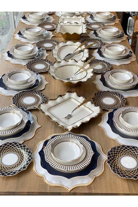 ROSSEV Beyaz Lacivert Sarı Quadro 70 Parça 12 Kişilik Yemek Takımı