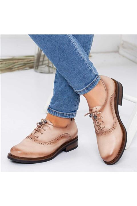 NEL MODA Kadın Bej Deri Oxford Ayakkabı