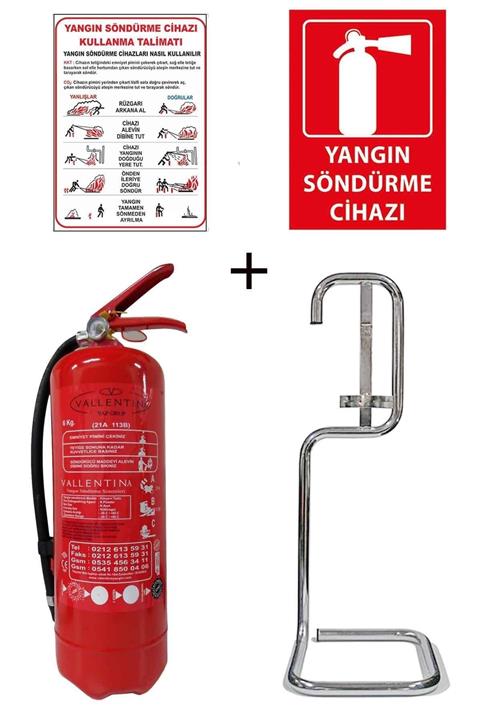 Valentino 6kg Valentıno Yangın Tüpü Yangın Tüpü Kullanım Talimatı Yangın Tüpü Levhası Ve Krom Sehpa 4lü Set