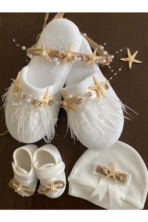 Hüner aksesuar Deniz Yıldızı Lohusa Taç Terlik Şapka Set