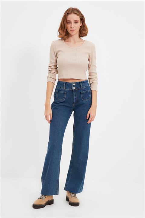 TRENDYOLMİLLA Mavi %100 Organik Pamuk Cep Detaylı Yüksek Bel Wide Leg Jeans TWOAW22JE0553