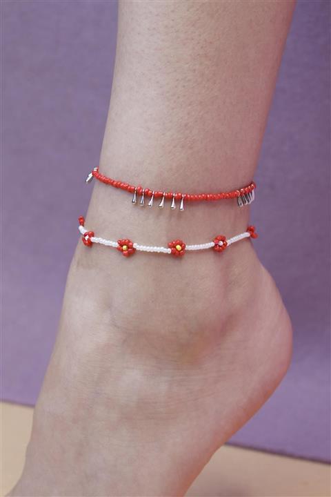 New Obsessions Kırmızı Çiçekli Boncuk Halhal Seti