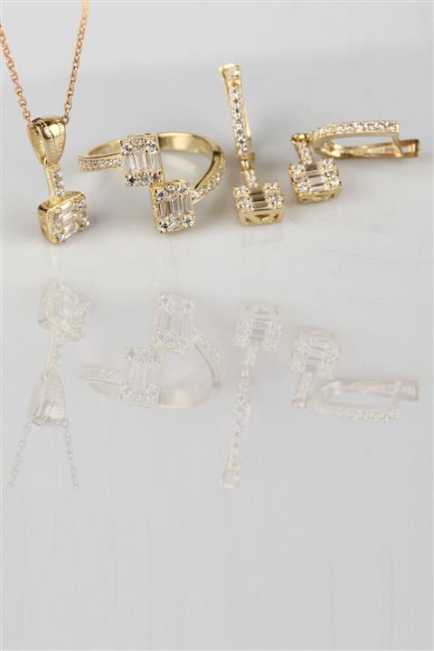 Tmec Silver 925 Ayar Gümüş Baget Taşlı Gold Takı Seti