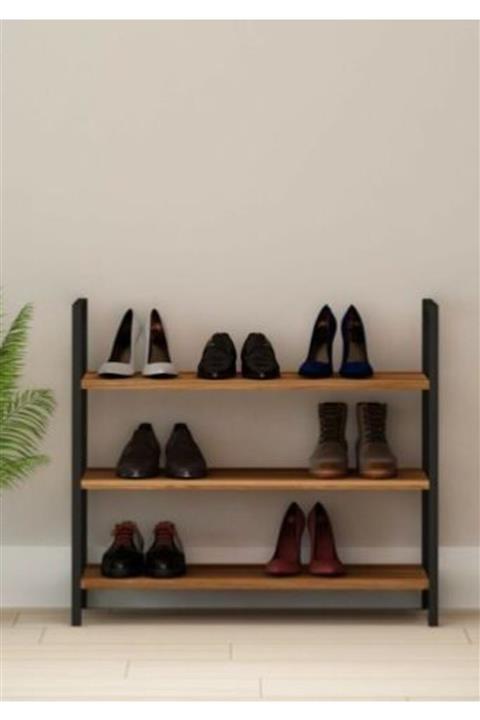 KZY Ceviz Demir Ayaklı Antre Mobilyası Ayakkabılık 3 Raflı