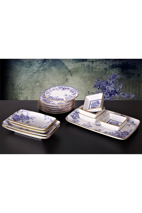 Pinkev 15 Parça Seramik Kahvaltılık Kahvaltı Takımı Seti Mavi