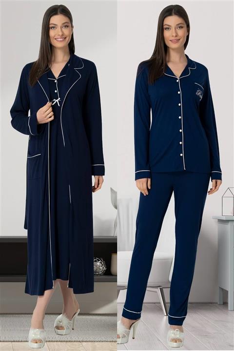 Mecit Pijama Mecit 5434 Lacivert Dört Parça Lohusa Set
