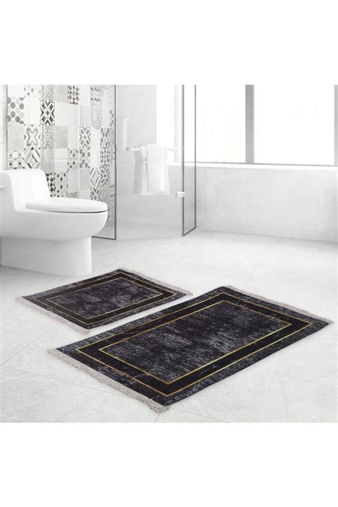 Bonny Home Frame Siyah Djt 2li Püsküllü Banyo Paspası Seti Kaymaz Tabanlı Saçaklı Klozet Takımı