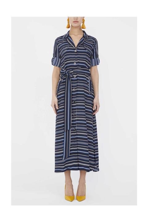 SOCIETA Kadın Cepli Uzun Gömlek Elbise Çizgili 92979