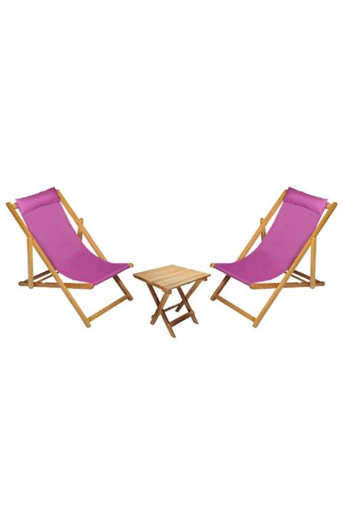 Bysay Ahşap Katlanabilir Taşınır Şezlong. Plaj, Bahçe, Teras, Balkon Şezlongu. 3 Lü Set (mor)