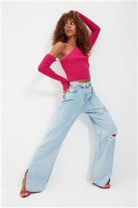 TRENDYOLMİLLA Mavi Yırtık Detaylı Yırtmaçlı Yüksek Bel Wide Leg Jeans TWOAW22JE0334