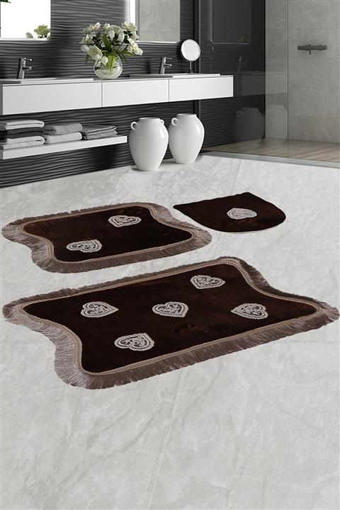 Bonny Home Kalp Dantelli Acı Kahve 3'lü Banyo Paspası Seti Kaymaz Tabanlı Çeyizlik Klozet Takımı