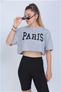 MODAGEN Kadın Gri Paris Baskılı Crop T-shirt