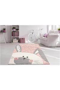 DEMTER CARPET Kıds Tavşan Desenli Pembe Oymalı Çocuk Halısı 63a