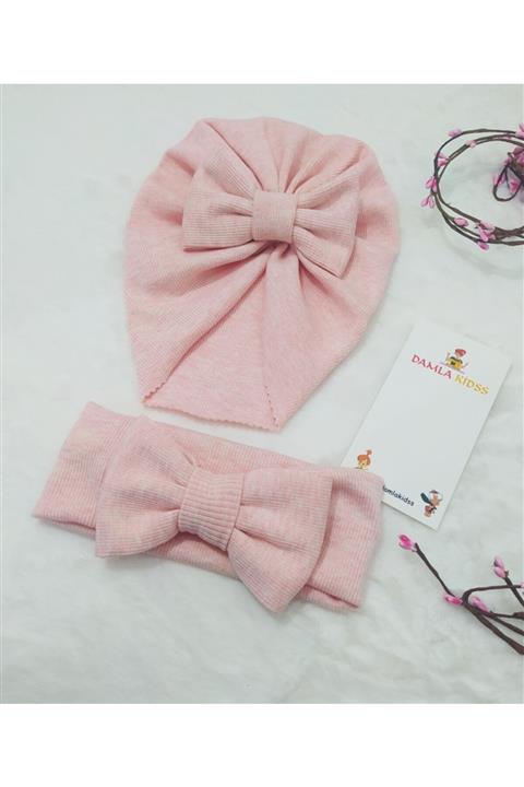 damlakids Kız Bebek Pembe Fiyonklu Bone Ve Bandana 0-3 Yaş