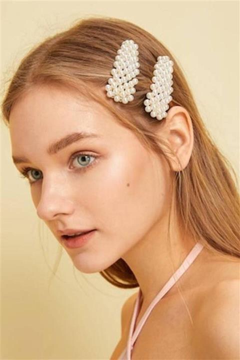 H&E DESIGN Kadın 2'li Beyaz Incili Lüx Zara Model Yan Çıt Çıt Saç Tokası