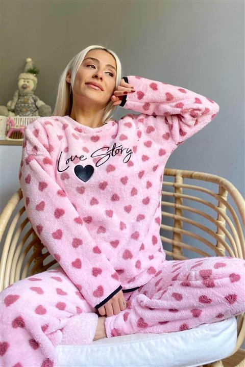 Pijamaevi Pembe Kalp Desenli Tam Peluş Pijama Takımı