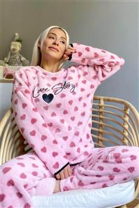 Pijamaevi Pembe Kalp Desenli Tam Peluş Pijama Takımı