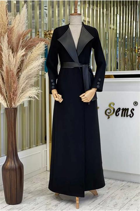 PINAR ŞEMS Derili Kaşe Kaban Siyah