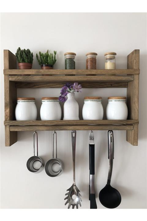 Wood Log Art Studio Masif Ahşap Mutfak Rafı Baharatlık Uzun Terek