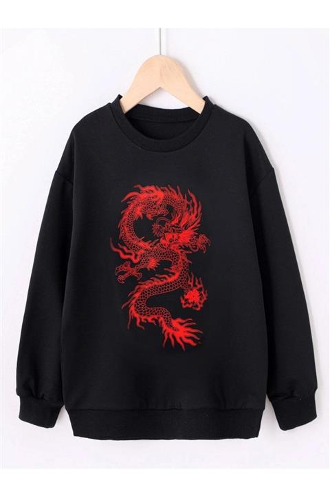 AFROGİYİM Unisex Oversize Kırmızı Ejderha Baskılı Sweatshirt