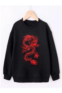 AFROGİYİM Unisex Oversize Kırmızı Ejderha Baskılı Sweatshirt