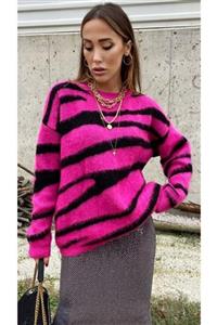 Butik Gardrop Şeker Pembe Siyah Zebra Desen Yumuş Tasarım Kazak