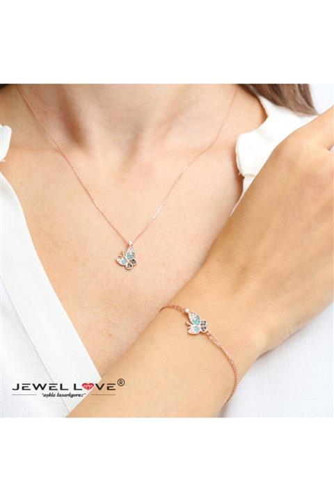 JEWEL LOVE Pırlanta Montür Tasarım Rose Gold Süzme Taş Kelebek Gümüş Kolye Ve Bileklik Ikili Set