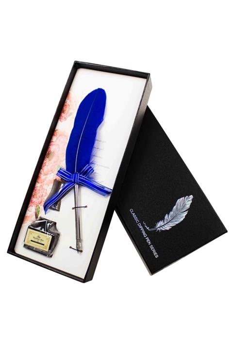 hediyerengi Masa Üstü Tüylü Divit Kalem Ve Mürekkep Seti Mavi