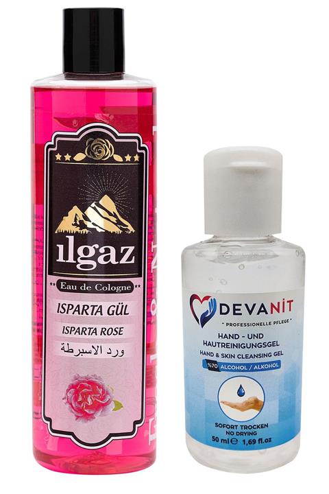 ILGAZ Isparta Gülü Kolonyası 400 ml + Devanit 50 ml Dezenfektan Jel Pürel