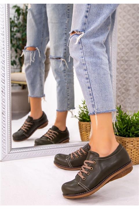 Al Bi Parça Beliniya Haki Yeşil Cilt Oxford Ayakkabı