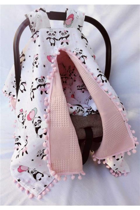 Piumini İkili Puset Örtü Minder Seti Çift Katlı Ponponlu Müslin Pike