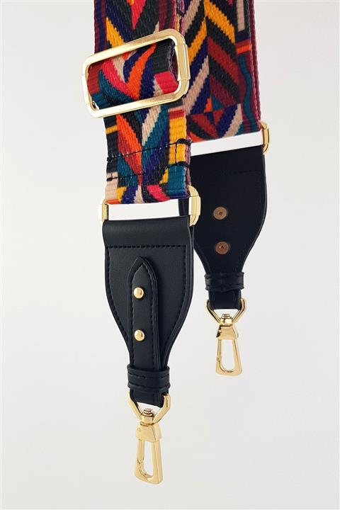 FAEN Fakhri Siyah Deri Üçgen Uç Detaylı Etnik Desenli Çanta Askısı Gold Metal