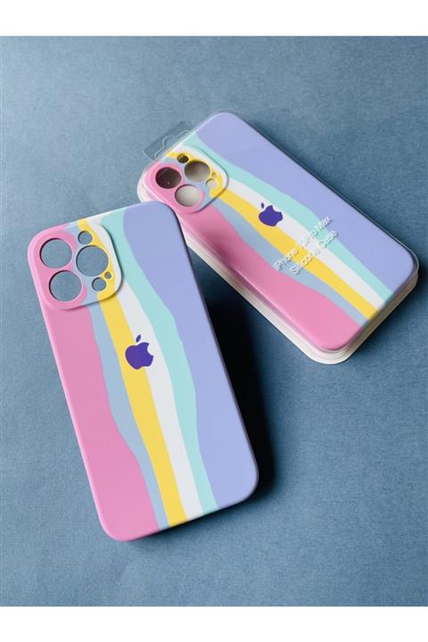 Enz Aksesuar Rainbow Cotton Candy Iphone 13 Pro Max  Uyumlu Logolu Lansman Kılıf - Içi Süet