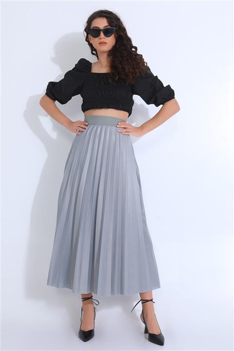 Essah Moda Kadın Gri Beli Lastikli Deri Görünümlü Piliseli Uzun Etek - Me000370