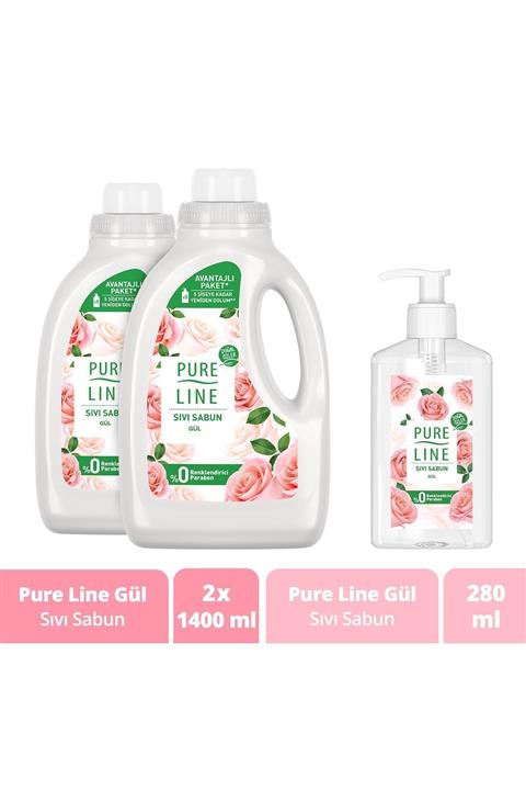 Pure Line Sıvı Sabun Gül 1400 ml X 2 Adet 1400 ml + 280 ml
