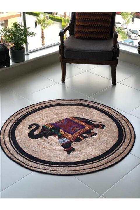 Decoristhome Fil Desenli Kaymaz Taban Yuvarlak Dijital Baskı, Yıkanabilir Kilim