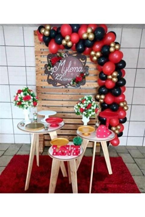 Party City 50 Adet Metalik Kırmızı, Krom Gold ,metalik Siyah Balon Ve 5mt Zincir Set Pompa
