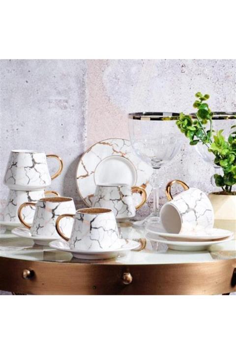 Kosova New Bone 120cc 6'lı Kahve Takımı Parlak Beyaz Mermer Fın-521