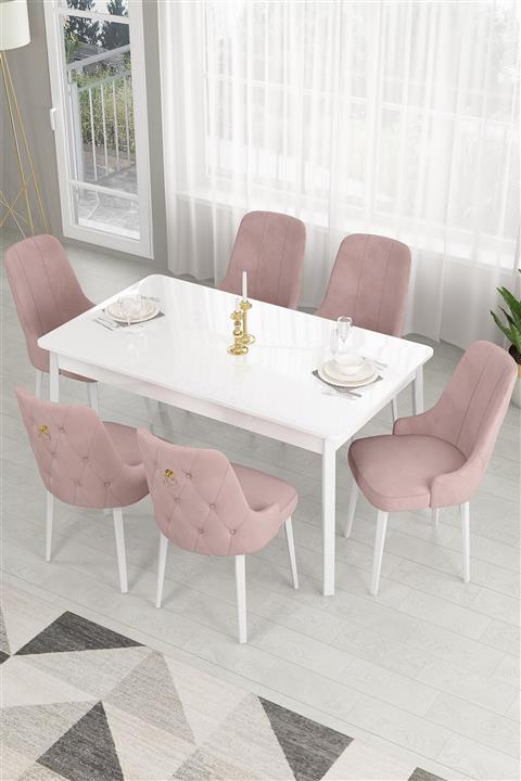Canisa Concept Canisa Lav Serisi Sabit 80x130 Mutfak Masa Takımı Beyaz Masa+6pembe Sandalye