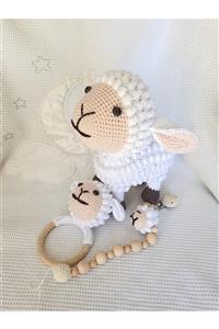 Mothers Lap Organik Amigurumi Kuzu / Çıngıraklı Diş Kaşıyıcı Ve Emzik Askısı