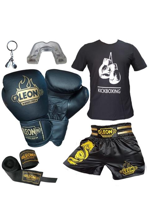By Leon 1982 Boks Eldiveni, Leon Dragon Kick Boks Şortu, Tişört, Bandaj, Dişlik Seti Siyah