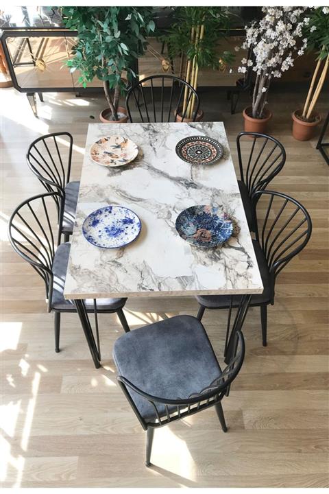 TEHOME Pera Masa Beyaz Mermer +6 Omega Sandalye Gri