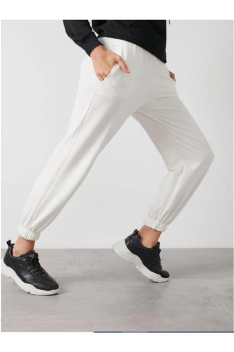 Modoo Tekstil Kadın Beyaz Beli Ve Paçası Lastikli İki Iplik Jogger-Eşofman Altı
