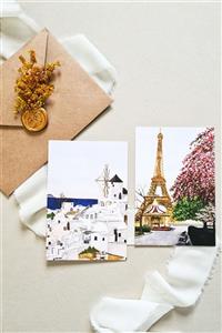 Life & Art 2'li Suluboya Kartpostal Seti & Zarf - Santorini & Paris