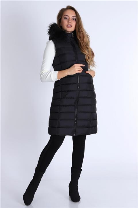 duraclassic Kadın Fermuarlı Kapşonu Kürklü Yelek Siyah