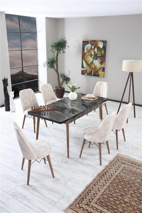 Morkese Alive Serisi Siyah Mermer Gold 6 Sandelyeli Açılabilir Yemek Ve Mutfak Masa Takımı - Krem